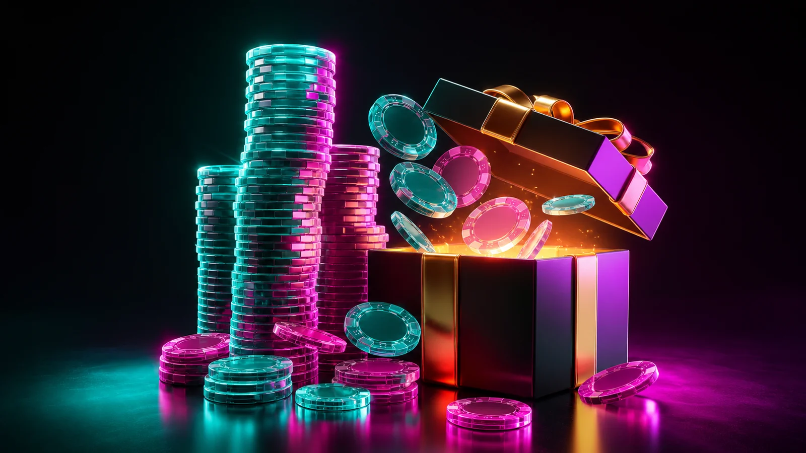 Stack of translucent turquoise and magenta casino chips beside a glowing gift box on a dark reflective surface