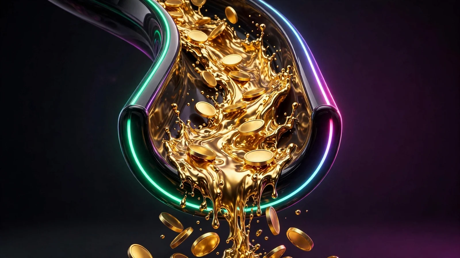 Molten gold coins flowing along a glowing emerald channel against a dark background with magenta rim light
