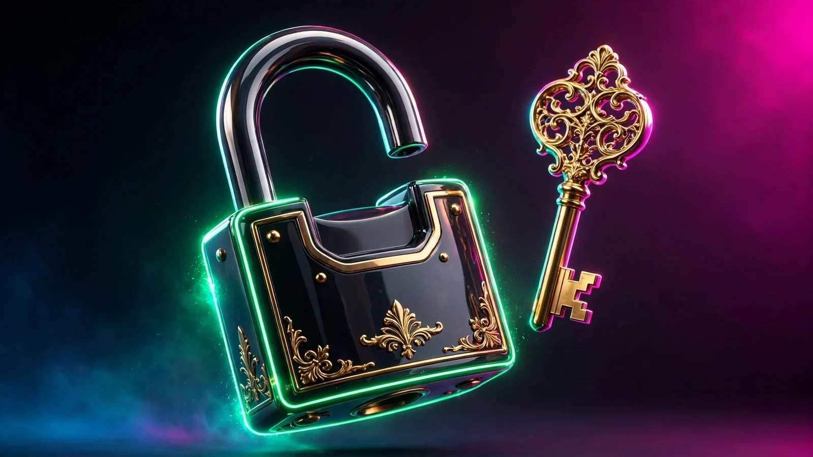 Glossy dark padlock with an emerald neon outline and a floating key, magenta rim light, dark gradient background