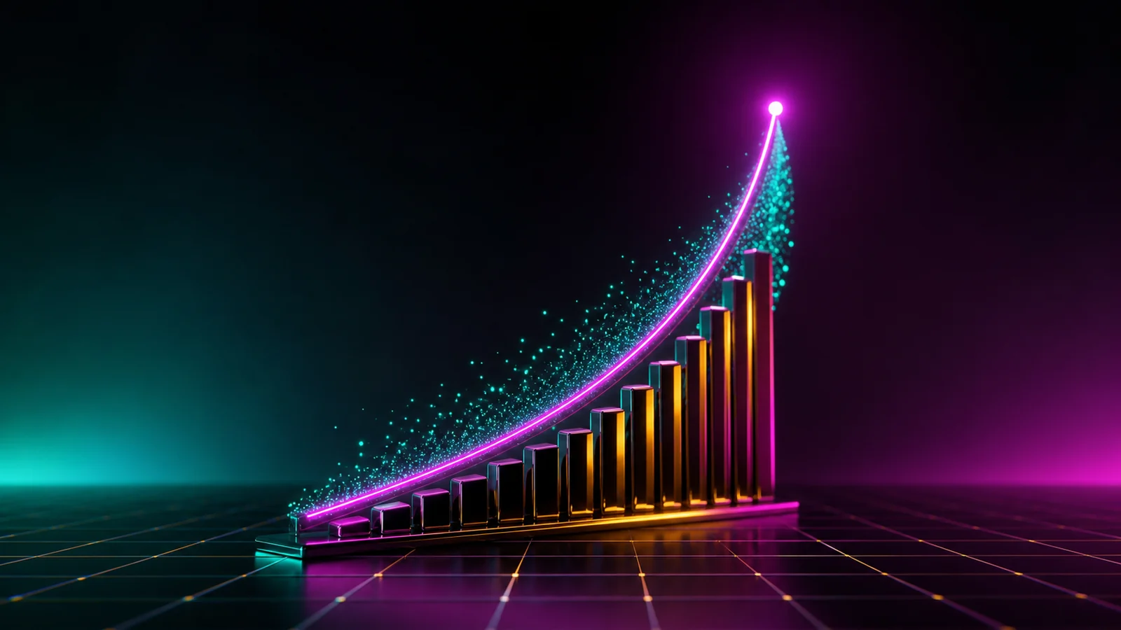 Glowing magenta trajectory curve rising across a dark grid with emerald particles trailing behind it