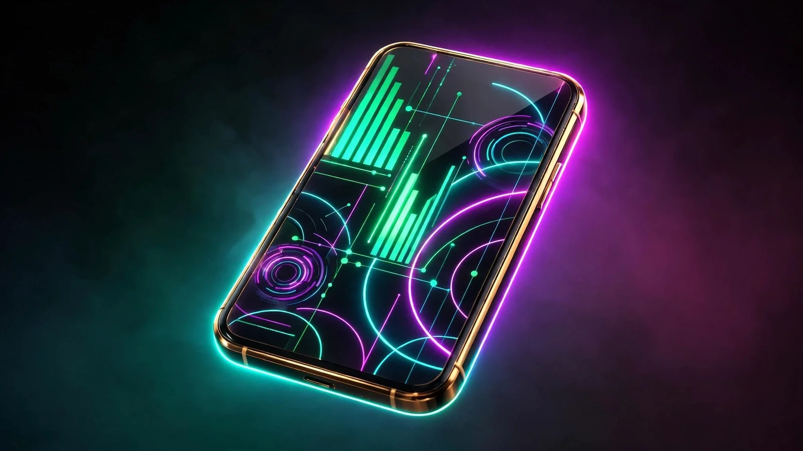 Smartphone floating against a dark background with an abstract emerald and magenta neon interface glowing on its screen
