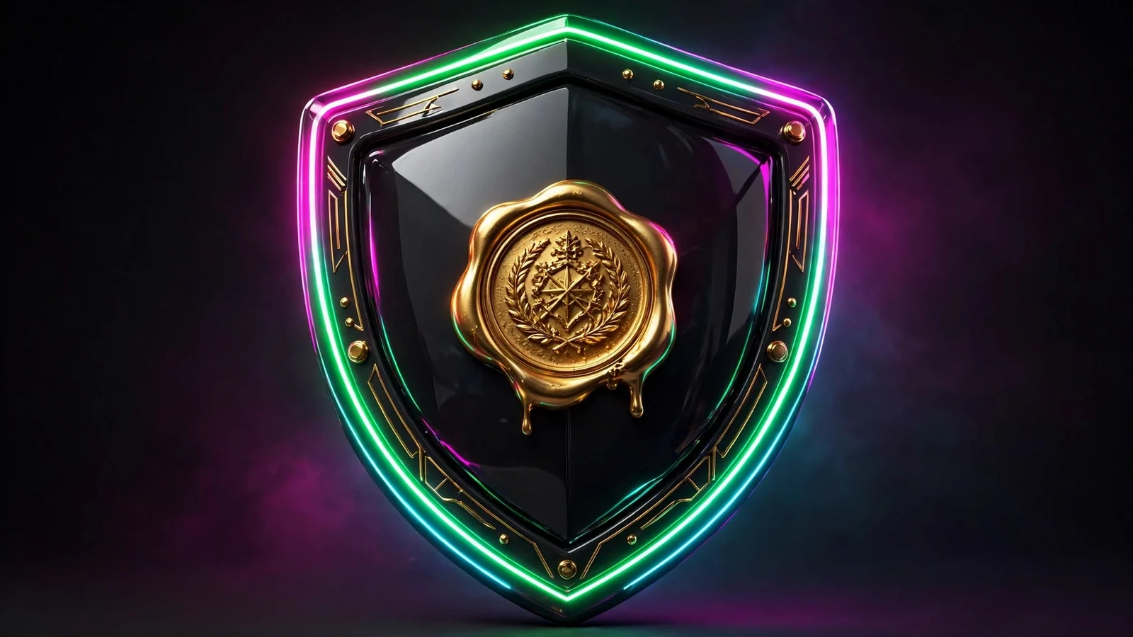 Glossy dark shield with an emerald neon edge and an embossed gold seal, magenta rim light, dark background