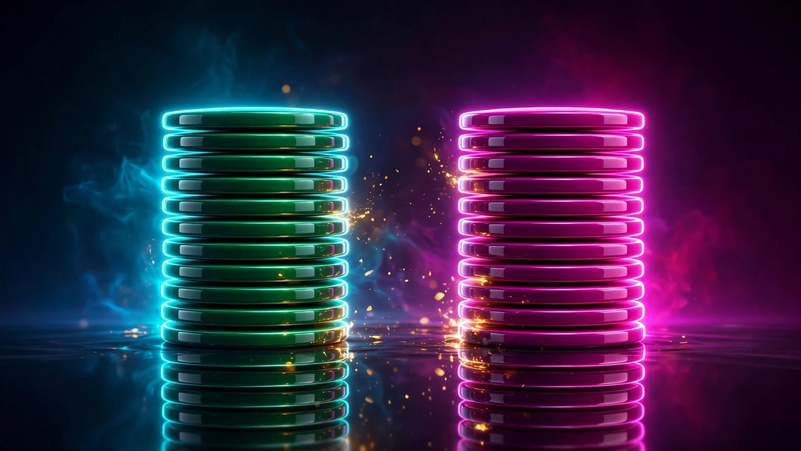 Two symmetrical stacks of glossy chips, one emerald and one magenta, facing each other on a dark reflective surface